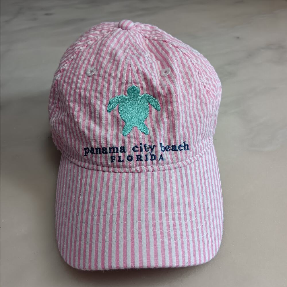 Marco Destin Baseball Cap Womens OS Pink Seersucker Panama City Beach Sea Turtle